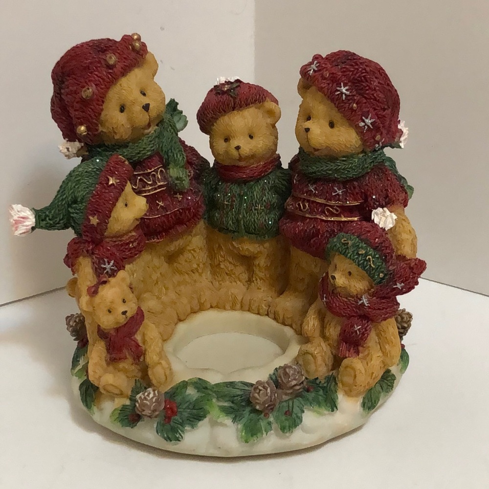 Vintage Home Interiors Winter Bear Family Candle Holder - Red & Green